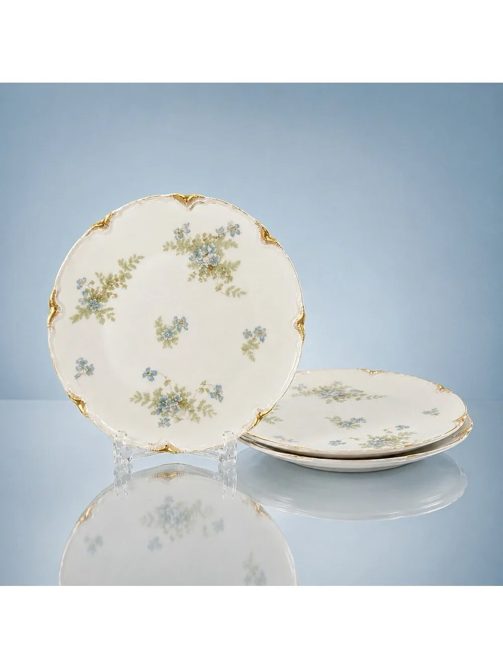 Haviland Limoges France 1900s 3 Salad Plates Schleiger 52H Violets & Ferns, 7.5”